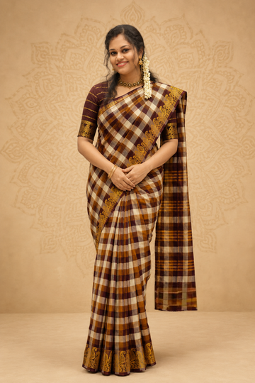 Brown Madras Checks Cotton Saree with Gold Zari Border