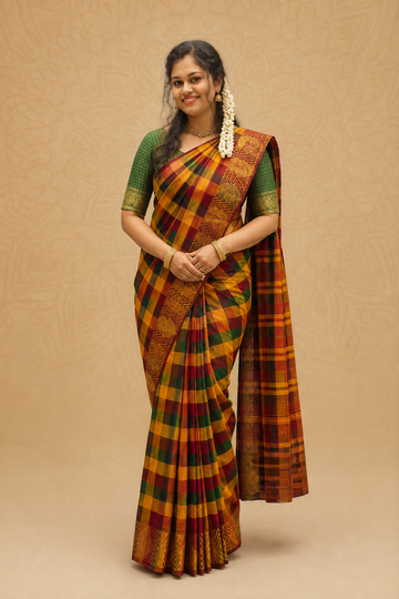 Madras Checks Cotton Saree with Traditional Gold Zari Border