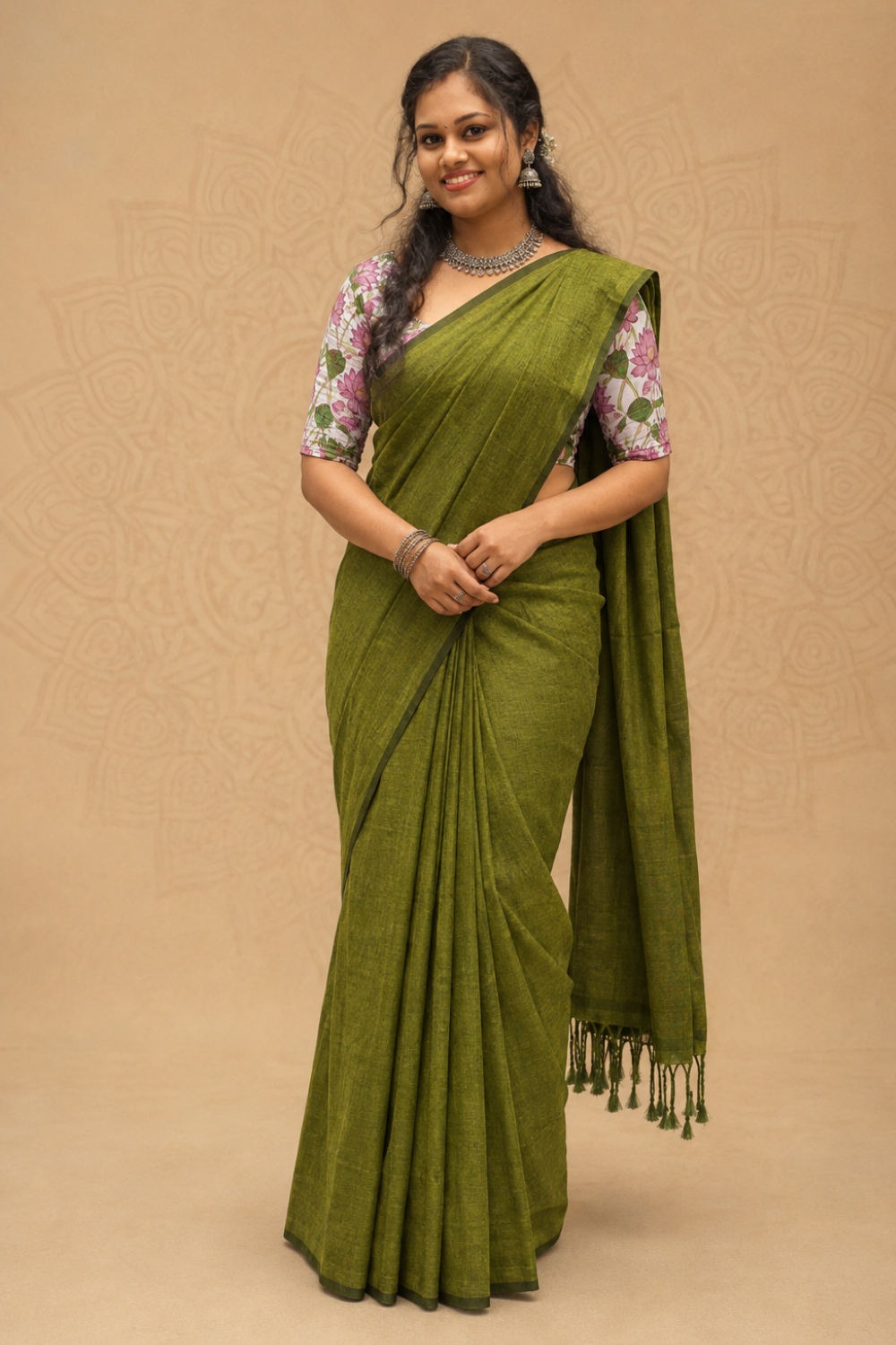 Olive Green Linen Cotton Saree with Lotus Printed Contrast Blouse