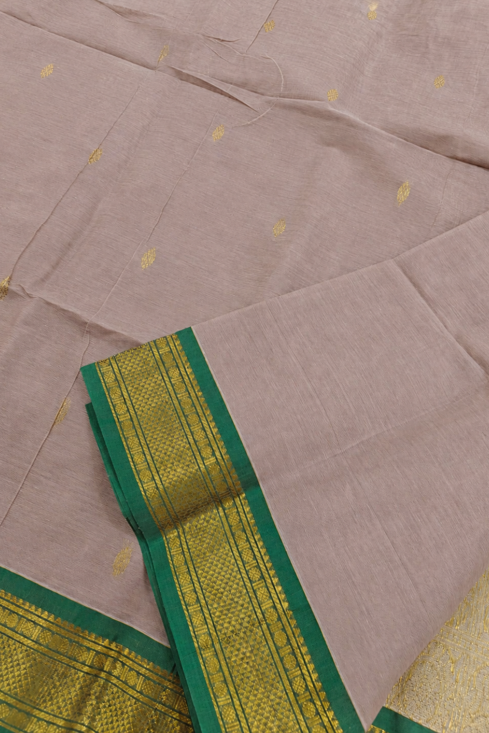 Elegant Beige Chettinad Cotton Saree with Green & Gold Zari Border