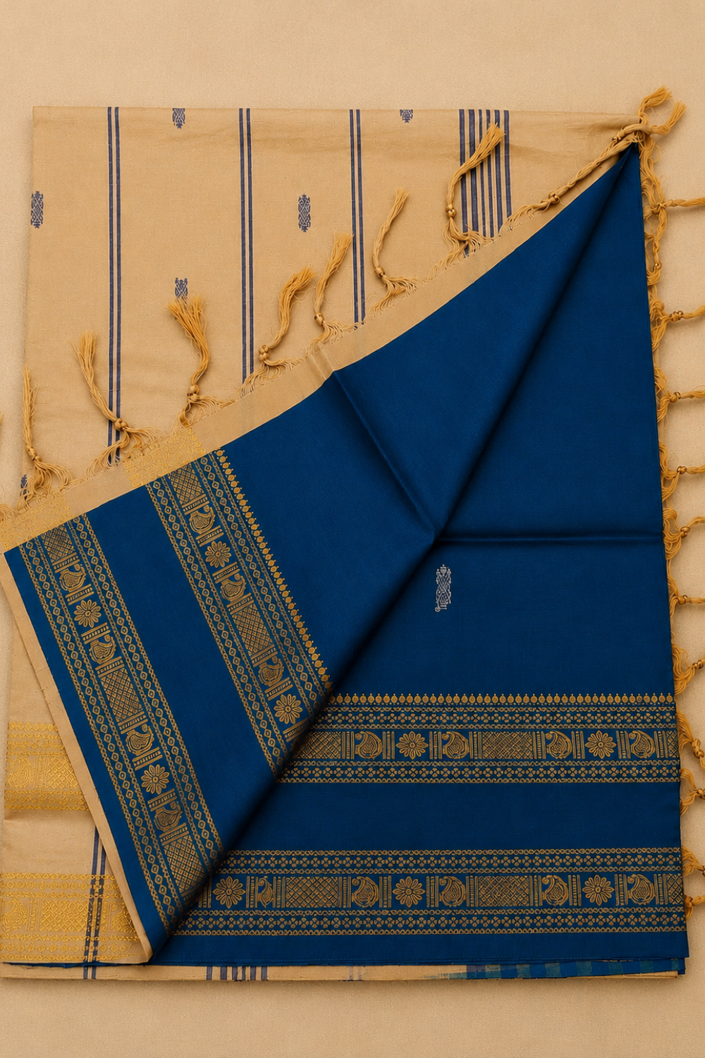 Royal Blue & Beige Vazhainaar Pattu Saree with Rich Gold Zari Border