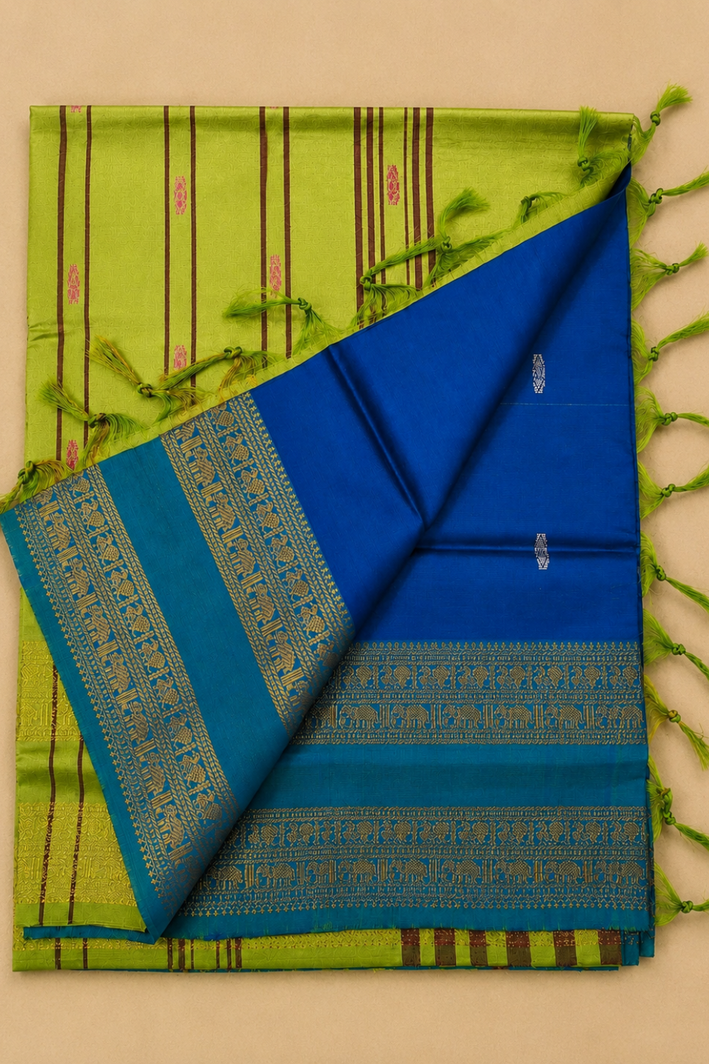 Royal Blue & Parrot Green Vazhainaar Pattu Saree with Traditional Zari Border