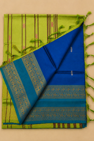 Royal Blue & Parrot Green Vazhainaar Pattu Saree with Traditional Zari Border