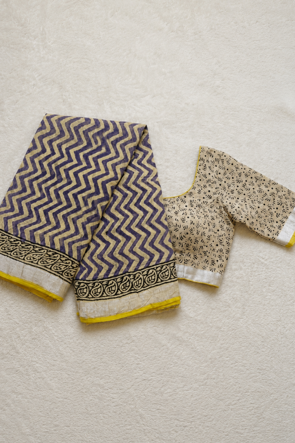 Ivory & Lavender Chevron Print Linen Saree with Mustard Accents