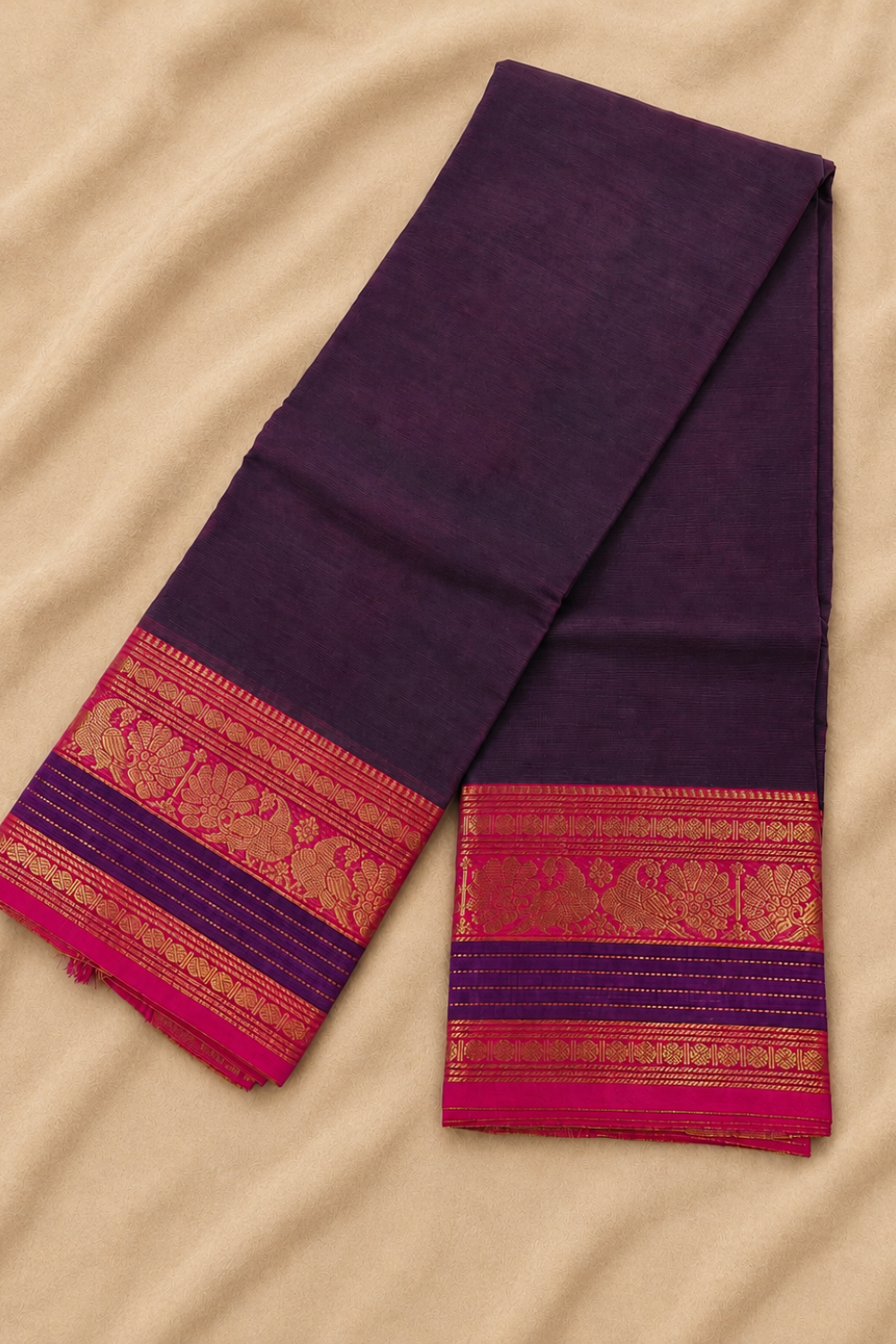 Purple Handloom Chettinad Cotton Saree with Rani Pink Peacock Motif Border