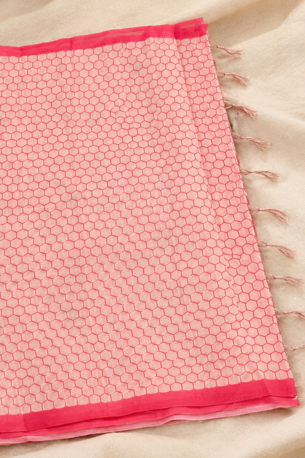 Ivory Linen Blend Saree with Pink Butterfly Print & Contrast Pink Border