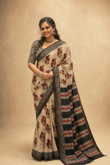 Ivory and Red Floral Hand Block Printed Kota Doria Saree