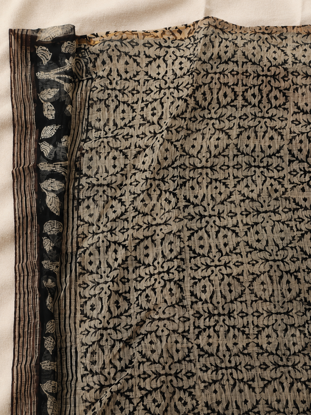 Maroon Hand Block Printed Kota Doria Saree with Black Floral Pallu