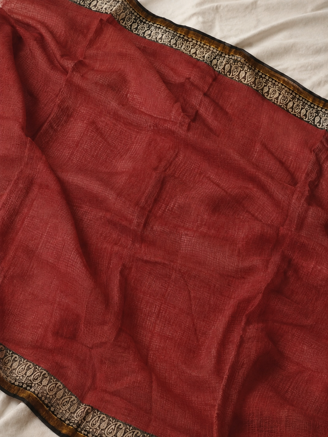 Maroon Hand Block Printed Kota Doria Saree with Black Floral Pallu