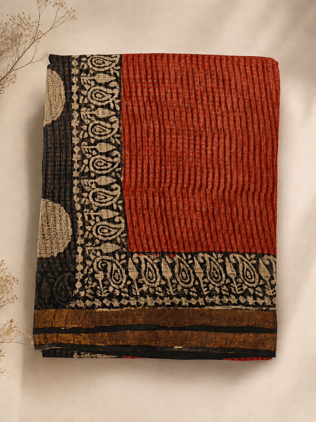 Maroon Hand Block Printed Kota Doria Saree with Black Floral Pallu