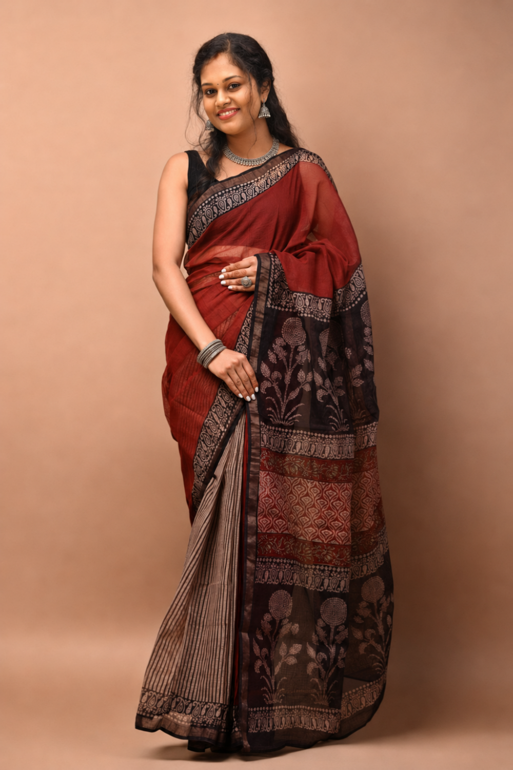 Maroon Hand Block Printed Kota Doria Saree with Black Floral Pallu