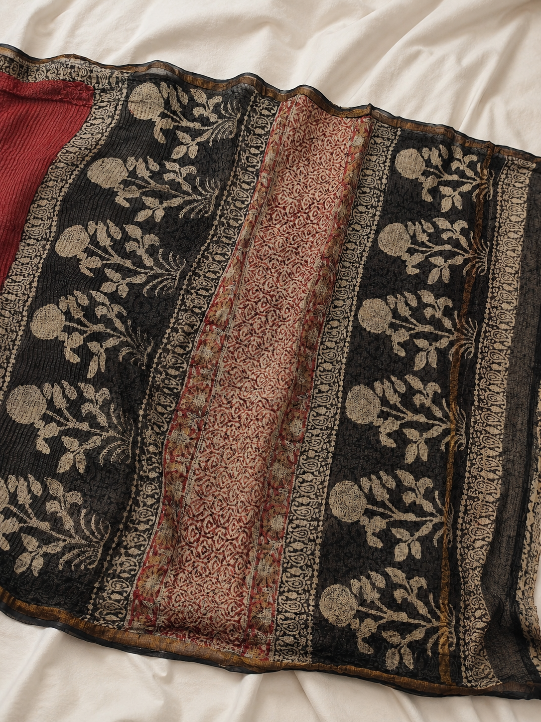 Maroon Hand Block Printed Kota Doria Saree with Black Floral Pallu